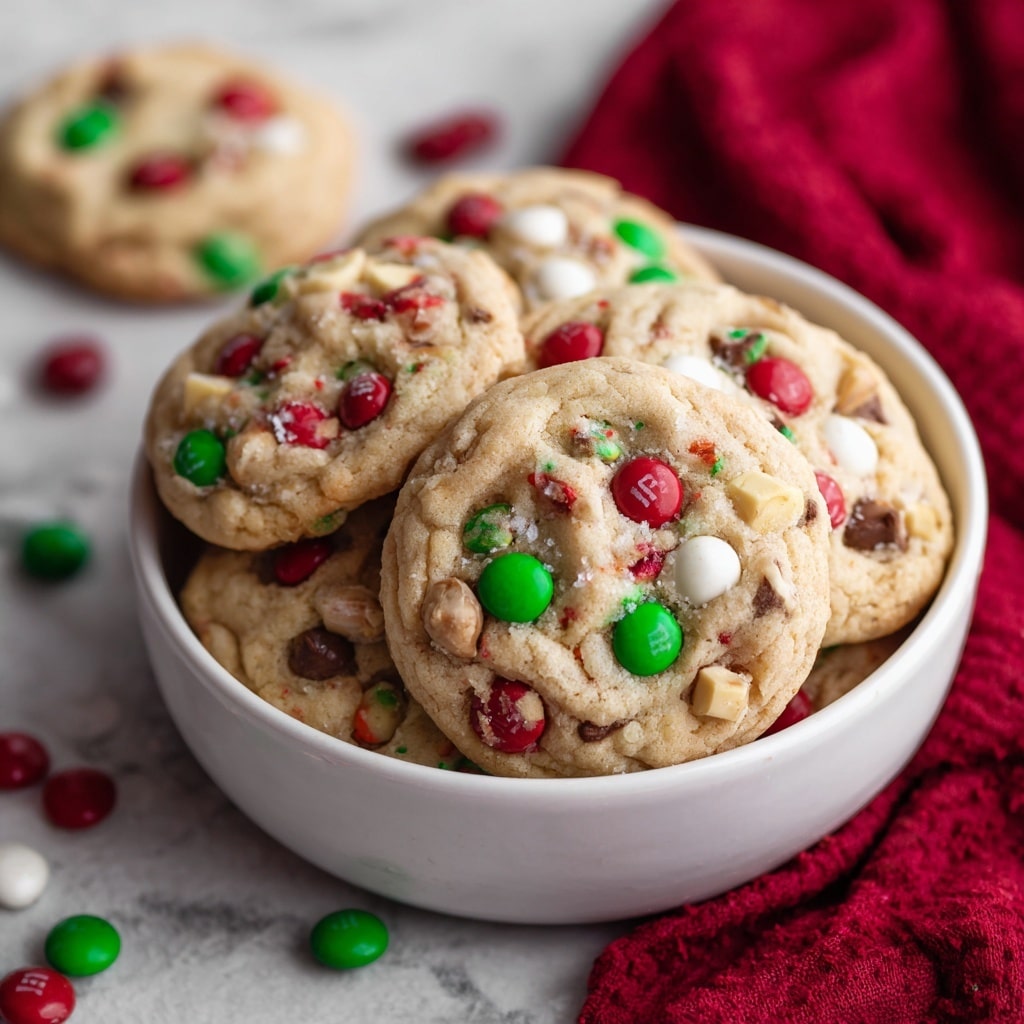 A white bowl is filled with a stack of chewy cookies that have a light golden brown color. These cookies are studded with colorful candy pieces in green, red, white, and yellow, along with chunks of nuts and chocolate, giving a textured and festive look. Around the bowl, more cookies lie scattered on a white marbled surface, and some colorful candies are spread nearby. A red cloth is placed near the bowl adding a warm contrast to the scene. photo taken with an iphone --ar 4:5 --v 7