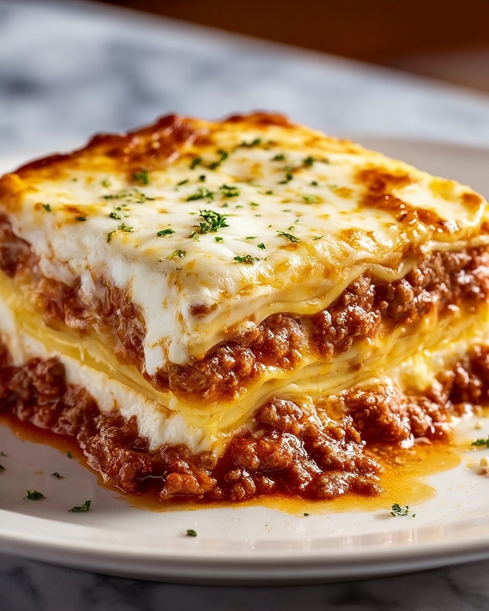 A close-up of a four-layer lasagna slice on a white plate, sitting on a white marbled surface in soft light; the bottom and second layers are pasta sheets with thick, crumbly brown meat sauce between and melted white cheese layers stacked alternately; the top layer is a smooth, gooey white melted cheese with browned spots and small green herb sprinkles scattered lightly on top and around the plate edges; the lasagna appears moist and rich with slightly dripping sauce and cheese. photo taken with an iphone --ar 4:5 --v 7
