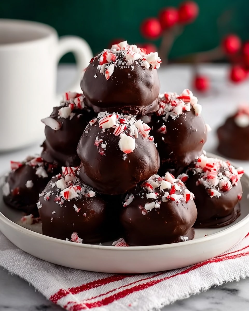 A white plate holds a neat pile of round chocolate balls, each covered in a smooth, dark chocolate layer with a shiny texture. The top of each ball is sprinkled with small pieces of white and red crushed candy, adding color and rough texture against the smooth chocolate. The plate sits on a white cloth with red stripes, all set on a white marbled surface. In the blurred background, there is a hint of a red cup, adding a warm tone to the scene. photo taken with an iphone --ar 4:5 --v 7