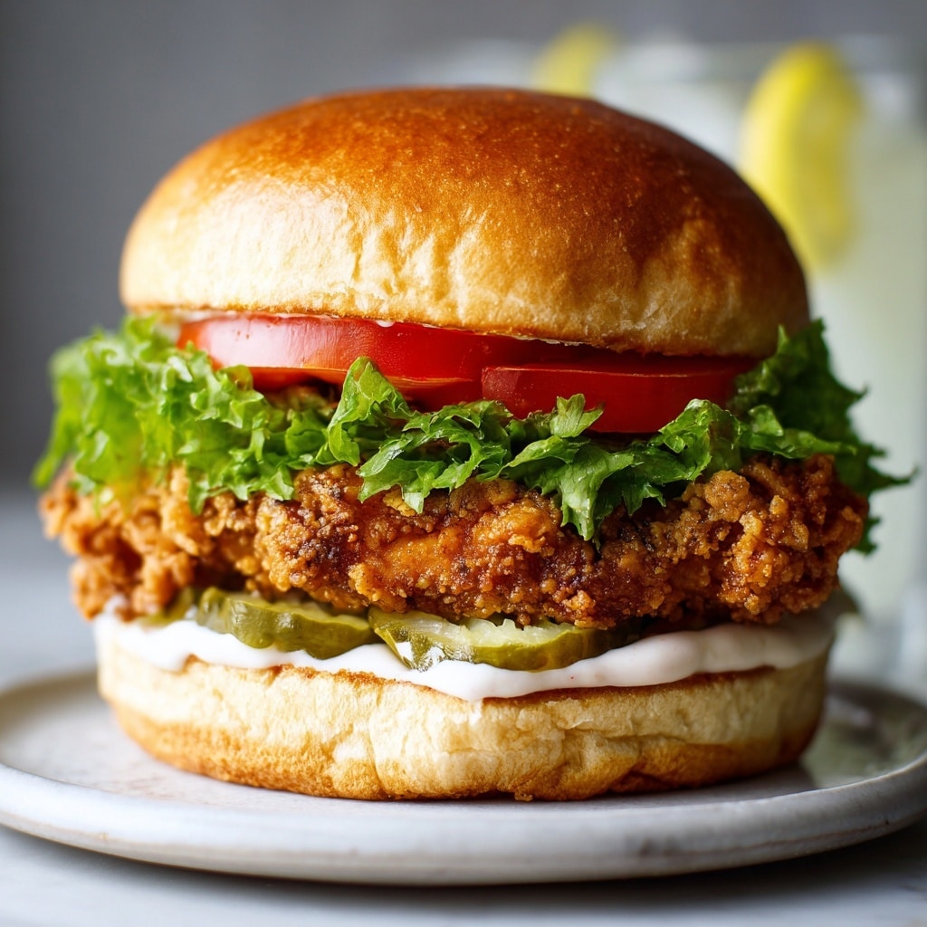 A white sandwich bun with a soft top sits at the top, underneath it is a thick layer of light orange sauce covering a large, golden-brown, crispy fried chicken fillet with a crunchy texture. Below the chicken is a thick bright red tomato slice resting on leafy green lettuce, and under the lettuce are several green pickle slices near the bottom white bun. The sandwich rests on white parchment paper on a white marbled surface, with a blurred background showing two clear glasses filled with light yellow lemonade and lemon slices. photo taken with an iphone --ar 4:5 --v 7