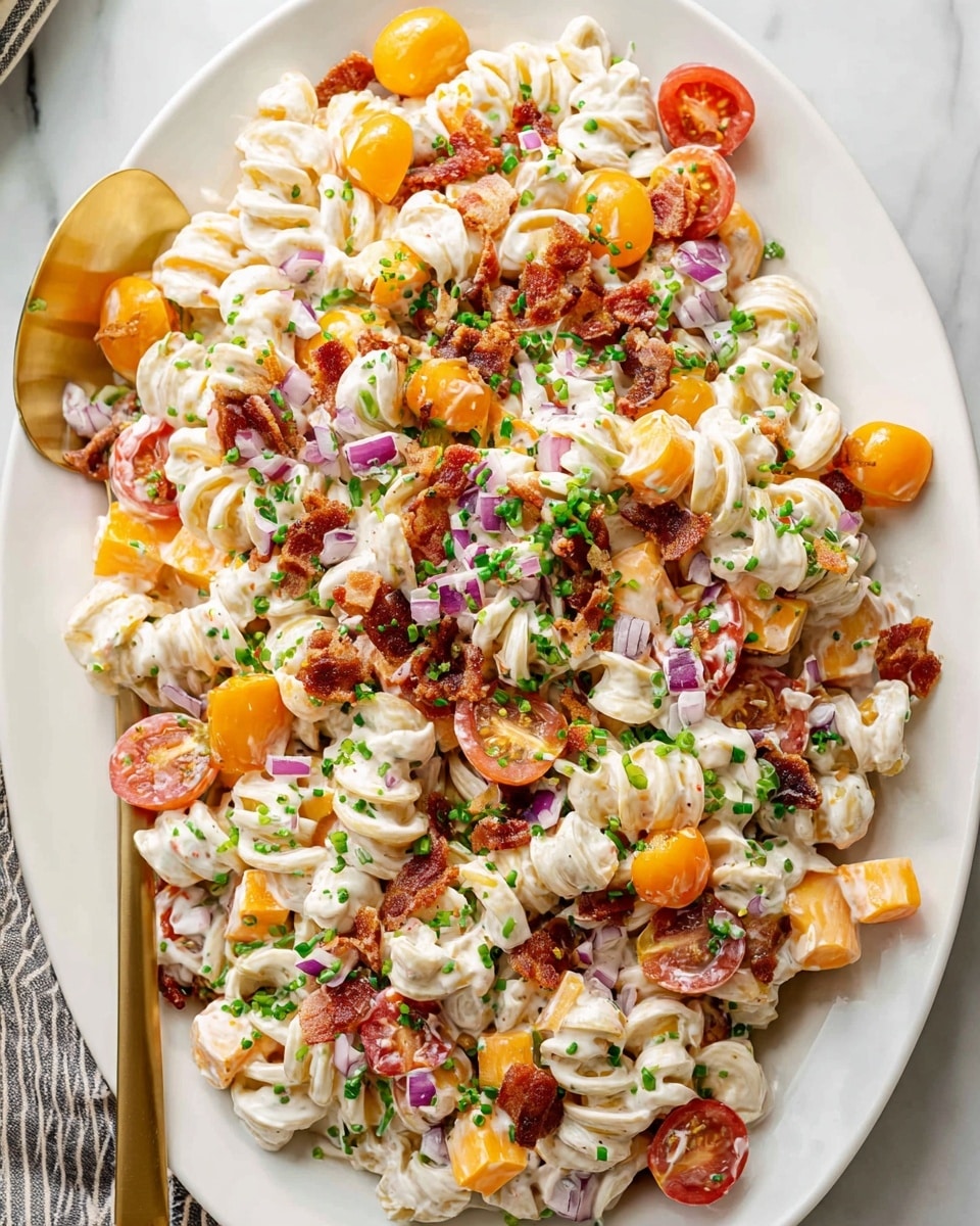 A white oval plate filled with a creamy pasta salad made of short curly pasta tossed in a white creamy dressing with visible herbs. Mixed in are bright orange cubes of cheddar cheese, halved red cherry tomatoes, crispy dark brown bacon pieces, and small bits of purple onion. The salad is garnished with fresh chopped green onions and parsley scattered on top. Two gold serving spoons are placed on the left side of the plate. The entire scene is set on a white marbled surface. photo taken with an iphone --ar 4:5 --v 7