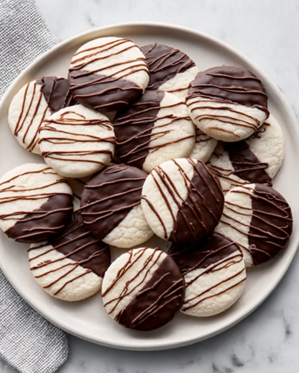 The image shows a white round plate filled with small round cookies. Each cookie has two layers: the bottom layer is white and smooth, while the top layer has dark chocolate covering either half or all of the cookie. Some cookies have thin dark chocolate lines drizzled across the white part, creating a striped pattern. The cookies are placed closely together, covering the plate. The surface below the plate has a white marbled texture. Photo taken with an iphone --ar 4:5 --v 7