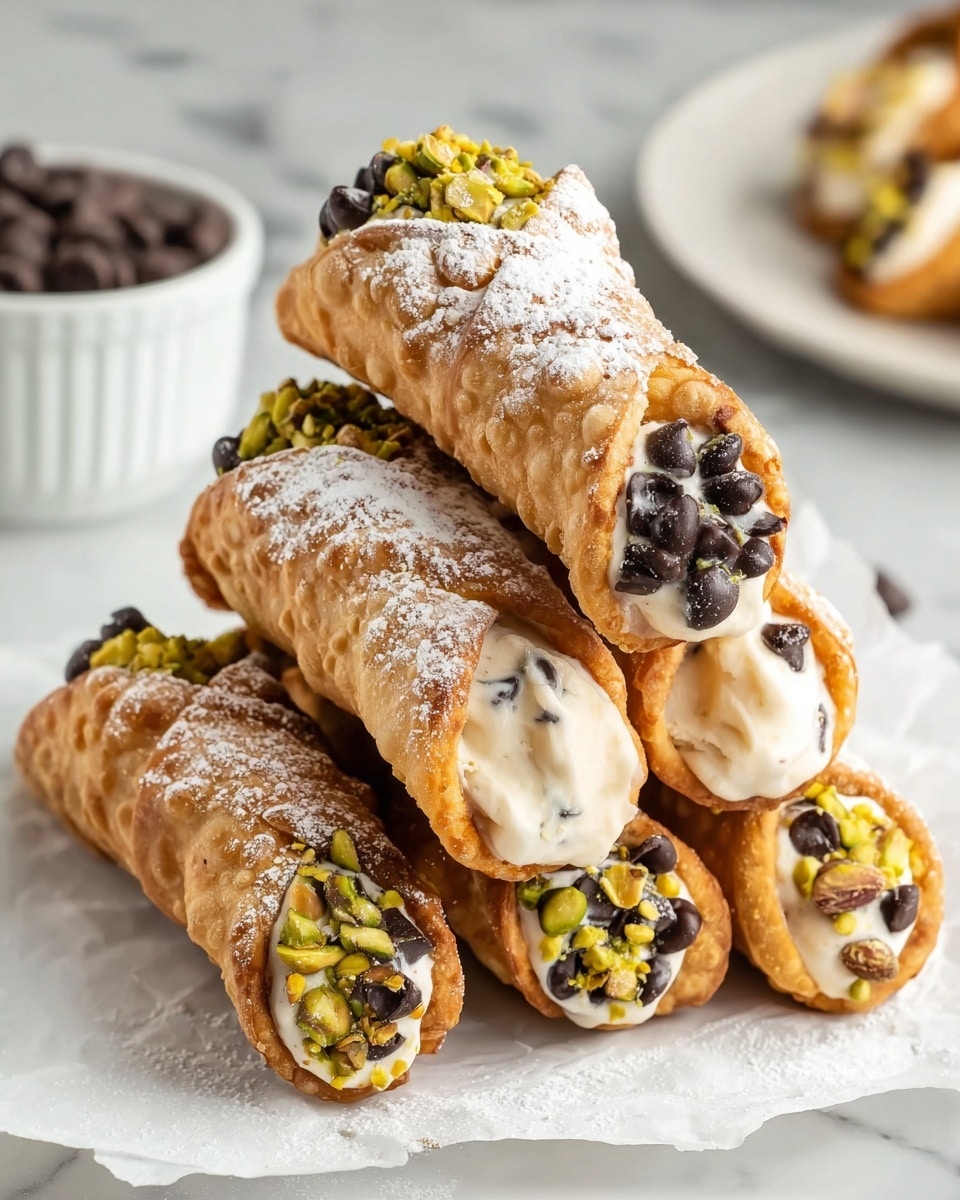 A stack of six golden-brown cannoli shaped like tubes is arranged on white parchment paper. Each tube is filled with smooth cream, some plain off-white and some with small dark chocolate chips. The cream-filled ends are decorated with either chopped green pistachios or small dark chocolate chips. A light dusting of white powdered sugar is scattered over the cannoli shells. In the background, there is a white bowl with dark chocolate chips and a white plate with another cannoli on a white marbled surface. photo taken with an iphone --ar 4:5 --v 7