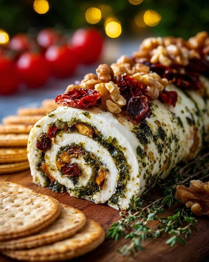 Holiday Cheese Log with Pesto and Sun-Dried Tomatoes Recipe
