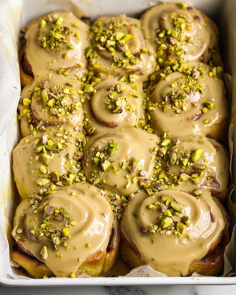 The image shows a tray of nine cinnamon rolls covered in a thick light caramel-colored glaze that drips smoothly over the top and sides of each roll. Each cinnamon roll has a visible spiral shape underneath the glaze, showing soft golden-brown dough layers with a slightly darker cinnamon filling in between. The rolls are arranged in three rows of three, touching each other in a white parchment-lined tray. On top of the glaze, chopped green pistachio pieces are sprinkled evenly over all the rolls, adding texture and color contrast. The tray sits on a white marbled surface. photo taken with an iphone --ar 4:5 --v 7