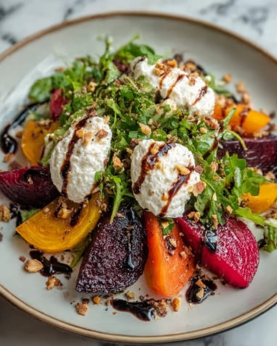 A white plate holds a colorful salad arranged in layers, starting with a base of mixed greens and leafy vegetables. On top, there are sliced roasted beets in deep red and golden yellow, along with bright orange roasted carrot pieces. Three scoops of creamy white cheese sit in the center, drizzled with a dark brown balsamic glaze. Small chopped nuts and seeds are sprinkled over the whole dish, adding texture. The salad is decorated with small green herb sprigs, all set against a white marbled surface. Photo taken with an iphone --ar 4:5 --v 7