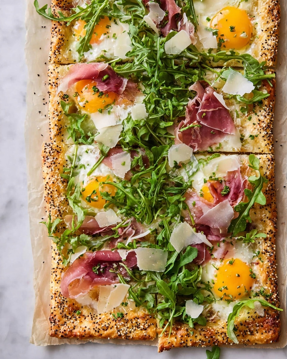 A rectangular savory tart with three separate sections sits on crinkled parchment paper over a white marbled texture. The base is a golden-brown flaky pastry crust with sprinkled black and white seeds along the edge. Each section has a cooked egg with a bright orange yolk partially covered by thin slices of pink prosciutto. Over the eggs and prosciutto, there is a generous layer of fresh, dark green arugula leaves. Scattered on top are thin, translucent shavings of pale yellow cheese and chopped green herbs, adding texture and color contrast. The tart looks fresh and inviting, captured closely from above. photo taken with an iphone --ar 4:5 --v 7
