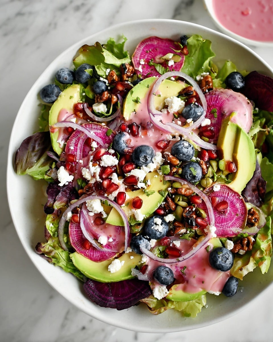 A large white plate holds a vibrant layered salad starting with a base of mixed green and purple lettuce leaves. On top, there are bright green slices of avocado fanned out and thin round slices of pink and green watermelon radish arranged evenly. Scattered all around are deep blue blueberries and bright red pomegranate seeds. Thin, curved slices of translucent purple onion add texture, along with small chunks of white feta cheese sprinkled over the salad. Glossy brown roasted nuts are mixed in, and the whole dish is drizzled with a light pink dressing that contrasts well with the fresh colors. The plate rests on a white marbled surface with a small wooden bowl of nuts nearby. photo taken with an iphone --ar 4:5 --v 7