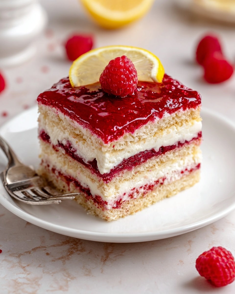 A square piece of layered cake sits on a white plate with scalloped edges, placed on a white marbled surface. The cake has five layers: the bottom layer is a light brown soft cake, followed by a thick creamy white layer, then a bright red raspberry jam layer, another light brown cake layer, and a final thin creamy white layer topped with a thick, glossy raspberry jam layer. On top, a fresh raspberry and a thin lemon slice garnish the cake. In the background, there are scattered raspberries and lemon slices, a small white bowl of raspberries, and a silver fork resting near the plate. Photo taken with an iphone --ar 4:5 --v 7