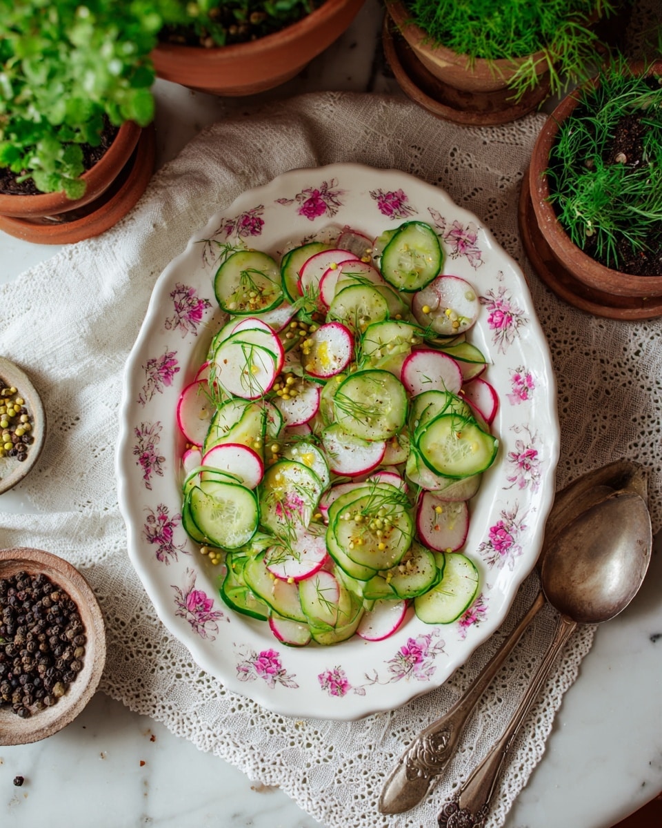The dish is a fresh salad served on a white plate with a floral pink and green pattern along the scalloped edges. The salad consists of two thinly sliced layers mixed together: bright green cucumber slices and white radish slices with deep pink edges, all evenly spread within the plate. The cucumber slices have a moist, slightly translucent texture while the radishes are vivid and solid. Scattered on top are small green chives, dill sprigs, and tiny brown mustard seeds adding texture and color. The plate sits on a white marbled surface with a crocheted white doily underneath, surrounded by rustic bowls and green fresh herbs in terracotta pots in the blurred background. photo taken with an iphone --ar 4:5 --v 7