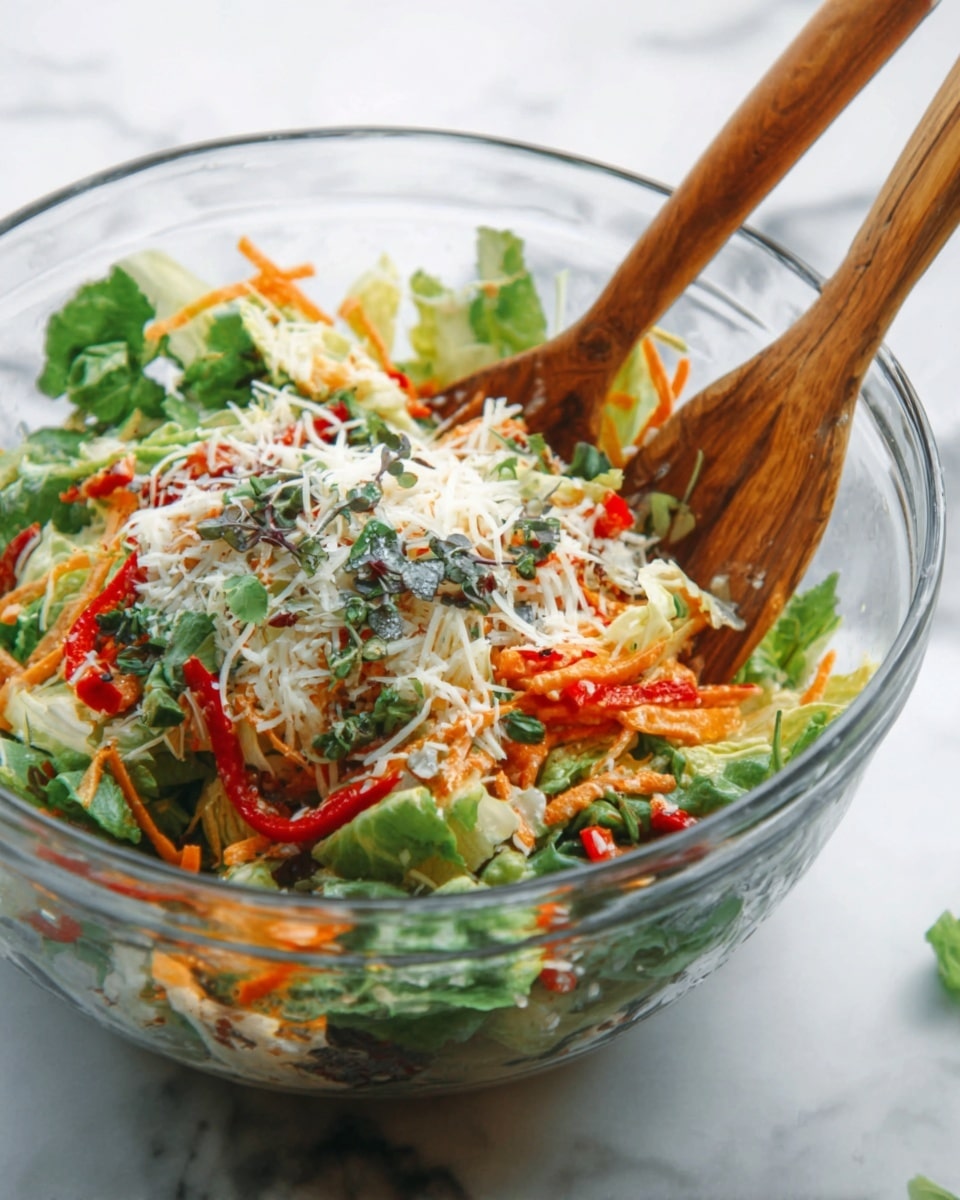 A clear glass bowl filled with fresh salad, showing many layers: at the bottom there are green lettuce leaves, some shredded orange carrots, and small red tomato slices. On top, white shredded cheese is spread evenly, with small green parsley pieces scattered around. A woman's hand holds wooden salad tongs, lifting some salad. The bowl is placed on a white marbled surface, giving a clean and bright look. Photo taken with an iphone --ar 4:5 --v 7