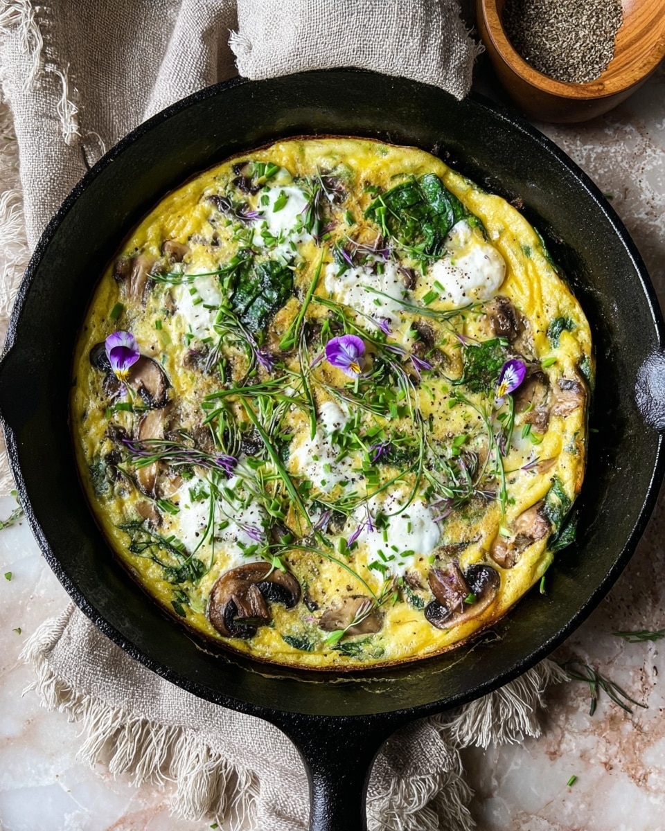 A cooked frittata in a black cast-iron skillet with a base layer of light yellow cooked eggs mixed with green spinach leaves and slices of brown mushrooms scattered evenly throughout. On top, there are small dollops of white creamy cheese and garnished fresh green chives, pea shoots, and some tiny purple flower petals, creating a fresh and colorful look. The skillet handle extends to the right side, sitting on a white marbled textured surface with a small wooden bowl of black pepper on the upper left and a pale pink cloth with frayed edges at the bottom. Photo taken with an iphone --ar 4:5 --v 7