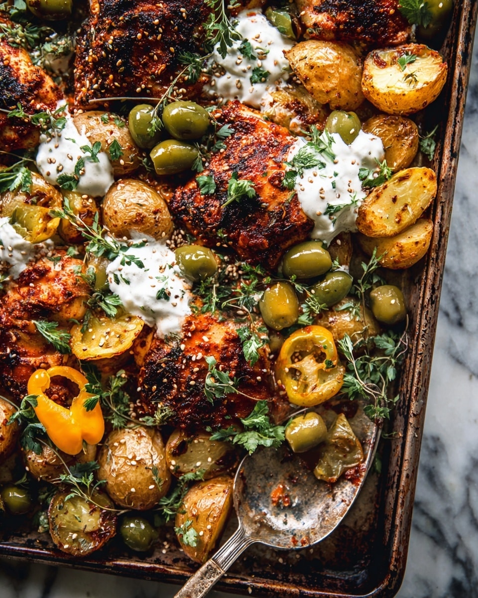 The image shows a close-up of a baking tray filled with several layers of roasted chicken thighs as the main layer, featuring a dark reddish-brown crispy texture with visible spices. Scattered around and partially under the chicken are roasted potato halves, golden-brown and slightly charred on the edges. Green olives and sliced yellow peppers are placed on top and around the chicken and potatoes, adding a bright contrast with smooth and shiny surfaces. Dollops of white creamy sauce with green herb flecks are unevenly spread over the dish. Fresh green herb sprigs and small leaves are sprinkled throughout for garnish, along with a few white sesame seeds. A silver spoon holding a bright yellow pepper is resting on the tray's top left portion. The baking tray rests on a white marbled surface. photo taken with an iphone --ar 4:5 --v 7