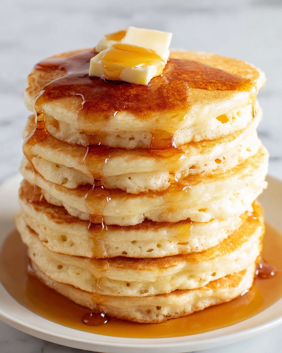 A tall stack of seven light golden pancakes with a fluffy texture sits at the center of a white plate, each pancake showing small holes and a soft, slightly uneven edge. On top of the stack is a melting square of pale yellow butter, gently dripping down, while a thick, amber-colored syrup flows over the top pancake, cascading down the sides in glossy streams, pooling slightly at the bottom. The background shows a blurred stack of pancakes with the whole scene set on a white marbled surface. Photo taken with an iphone --ar 4:5 --v 7