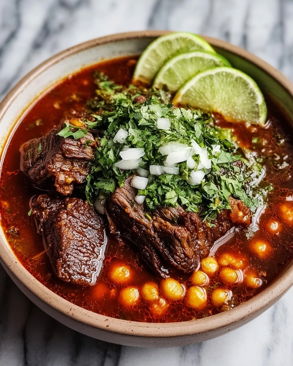 A dark bowl filled with a rich, deep red soup dotted with round, pale yellow hominy kernels. In the center, there is a large pile of tender, dark brown shredded meat soaking in the broth. On top of the meat, there is a small pile of finely chopped white onions mixed with green herbs and leafy greens. At the edge of the bowl, three lime wedges with bright green skin sit neatly. The bowl is placed on a wooden table, but the background is changed to a white marbled texture. photo taken with an iphone --ar 4:5 --v 7