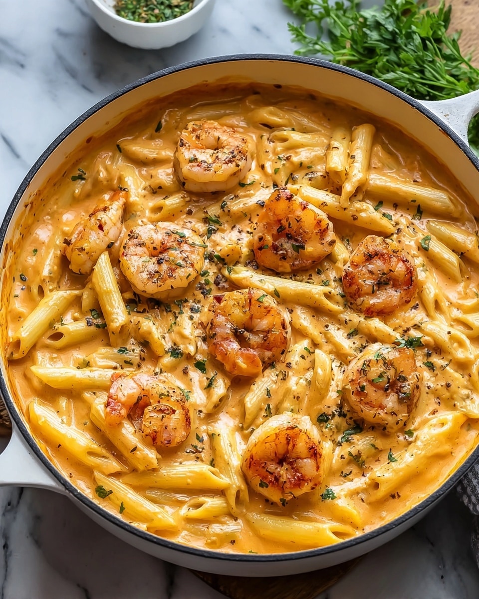A white pan filled with creamy orange-colored pasta sauce covers a layer of cooked penne pasta, which are light yellow and smooth. On top, there is a layer of shrimp arranged evenly; the shrimp are golden brown and lightly charred with a shiny, slightly crispy texture. Small bits of chopped green herbs are scattered across the shrimp and sauce, adding contrast to the warm colors. The pan is on a white marbled surface with some green herbs blurred in the background. photo taken with an iphone --ar 4:5 --v 7