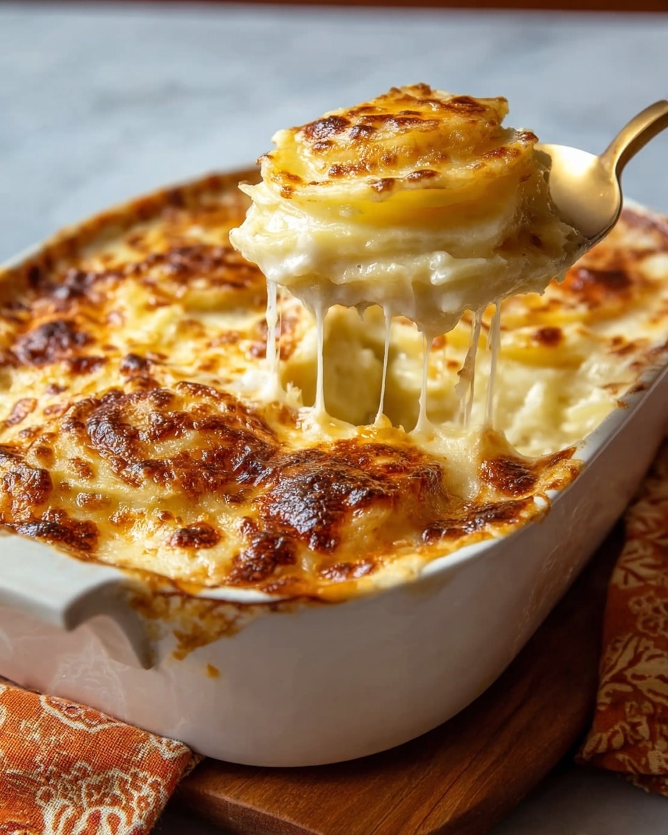 A baked dish in a white square ceramic casserole, filled with several layers of sliced potatoes and creamy cheese sauce. The top layer is golden brown with melted, slightly crispy cheese that is bubbling and browned in some spots. A spoon is lifting a scoop from the dish, showing soft, creamy layers of potatoes coated in melted, stretchy cheese. The casserole sits on a wooden board with an orange patterned cloth next to it, all set on a white marbled surface. Photo taken with an iphone --ar 4:5 --v 7
