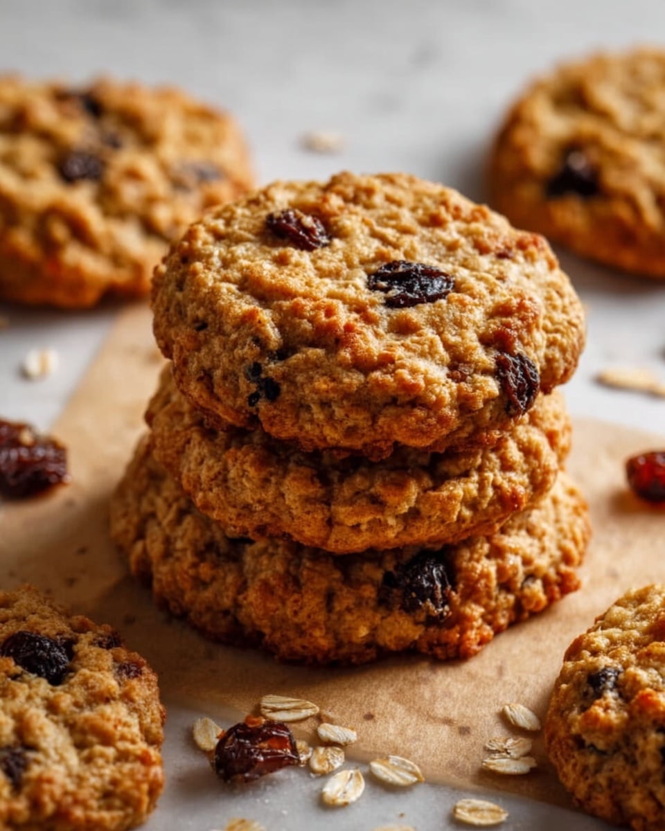 The image shows a stack of three oatmeal raisin cookies placed in the center on top of a white marbled surface. The cookies have a rough texture with visible oats and dark brown raisins embedded throughout each cookie layer. Around the stack, more cookies and loose oats and raisins are scattered, all on the same white marbled surface. The cookies have a golden-brown color with darker spots where the raisins are, giving a warm and homemade look. photo taken with an iphone --ar 4:5 --v 7