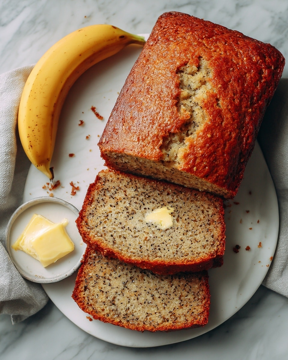 The image shows a loaf of banana bread with a golden brown crust and a soft, moist inside. The bread has a light brown color with darker specks and swirls of banana within the texture. Two slices are cut and placed in front of the loaf on a white plate resting on a white marbled surface. One slice has a small pat of melting butter on top, and a whole banana lies behind the plate. The bread appears dense but fluffy with visible small air pockets and a moist crumb. Photo taken with an iphone --ar 4:5 --v 7