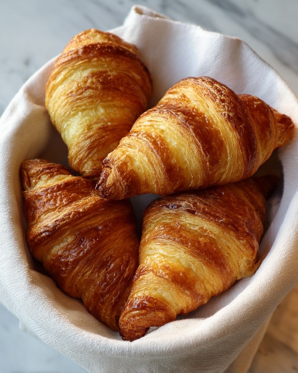 A close-up image shows a white bowl lined with a soft white and beige checkered cloth, holding four golden brown croissants with shiny, flaky crusts. The croissants vary slightly in shape, with visible layers of light yellow dough and darker, crispy edges. The bowl is placed on a white marbled surface, enhancing the warm tones of the pastries and the textured cloth. Photo taken with an iphone --ar 4:5 --v 7