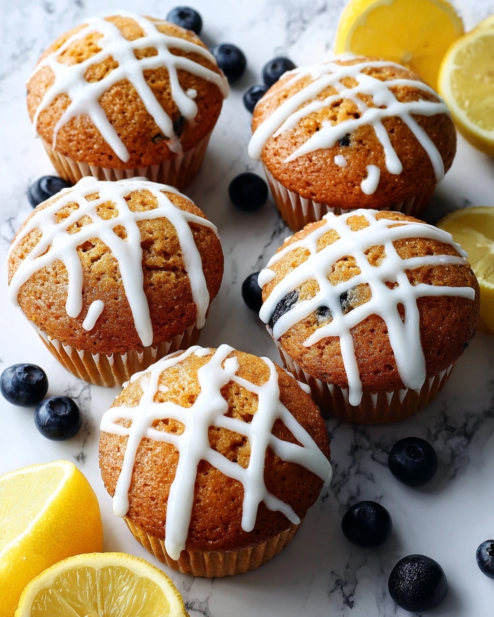 The image shows five golden brown muffins with a crumbly texture, each topped with a neat crisscross pattern of white icing. The muffins are placed closely together on a surface with a white marbled texture. Around the muffins, there are bright yellow lemon wedges and a few dark blueberries, adding pops of color. The muffins appear moist and soft inside with a lightly browned crust on top, while the white icing creates a contrasting clean grid on the crumbly surface. photo taken with an iphone --ar 4:5 --v 7