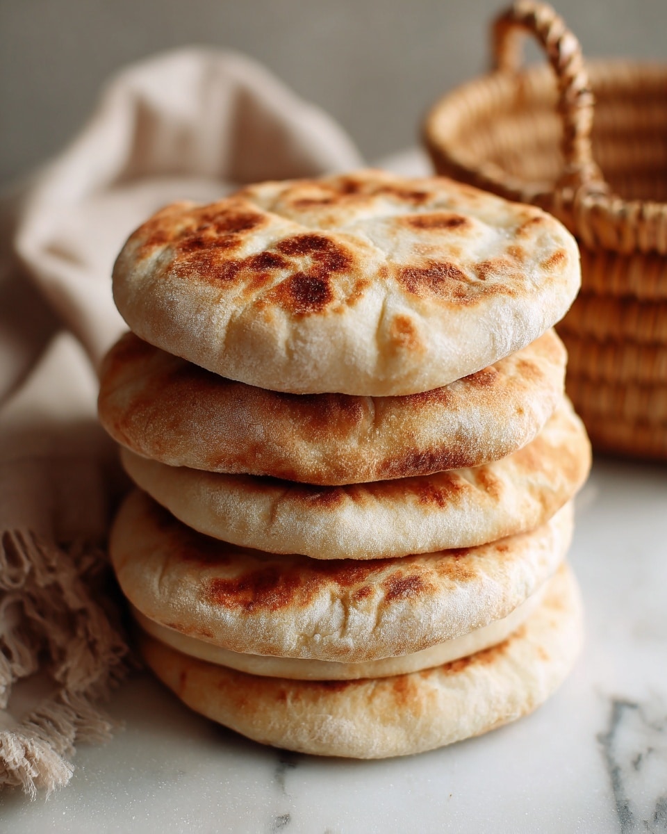 A stack of five round pita breads is shown resting on a white marbled surface, each bread layer having a light beige color with soft, slightly puffed textures and gentle golden brown spots. The top pita is more puffed up with a dome shape, while the others below are flatter with evenly baked surfaces. The background is blurred and dark with hints of a basket and cloth on the left side, adding a cozy kitchen feel. photo taken with an iphone --ar 4:5 --v 7