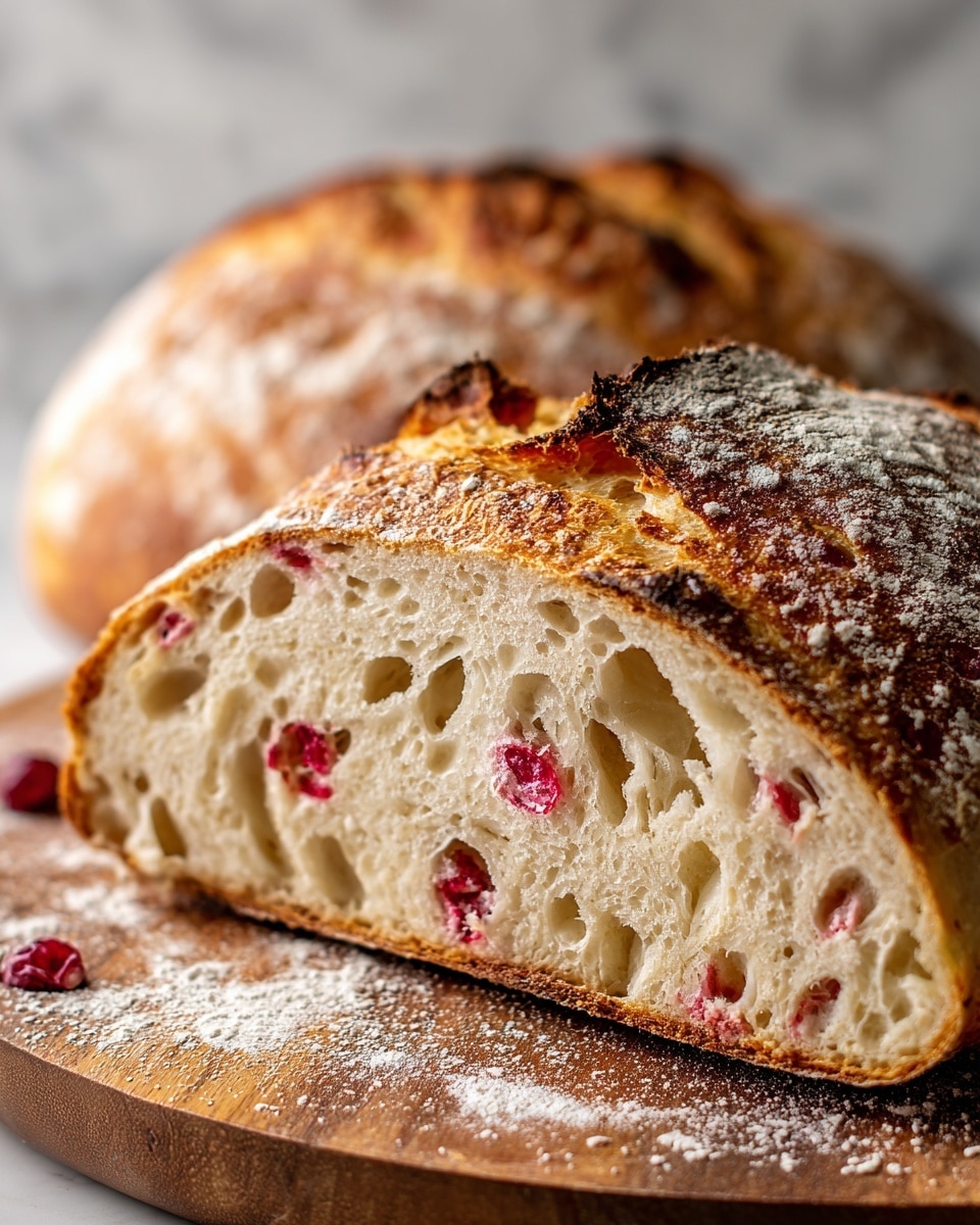 A close-up view of a sliced round bread loaf with a golden-brown crust that is slightly cracked and textured, showing a soft, airy interior with large uneven holes. Inside the bread, there are scattered patches of reddish fruit pieces, adding spots of color in the white, fluffy bread. The bread sits on a wooden board with some flour dust around it, and the background has a subtle white marbled texture. Photo taken with an iphone --ar 4:5 --v 7