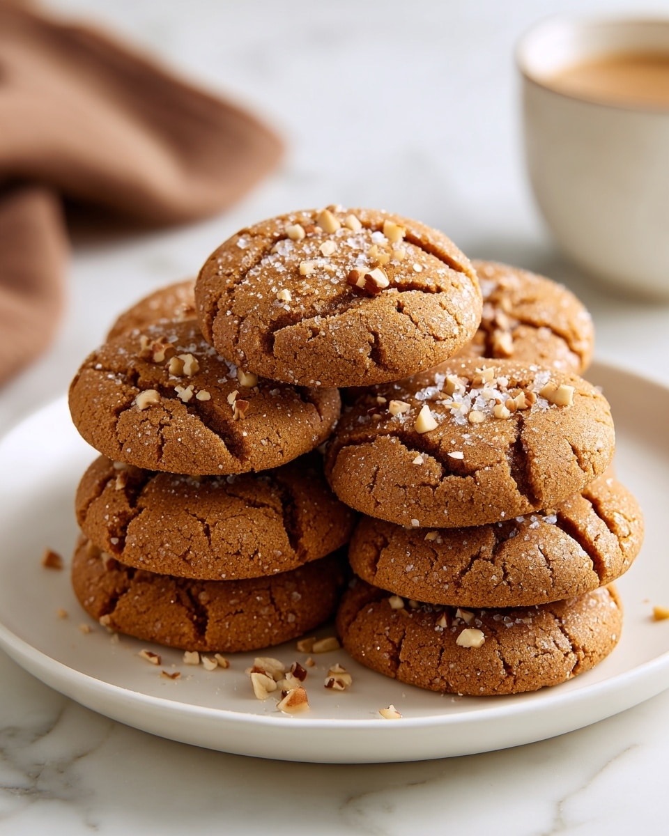 A white plate holds a stack of seven round cookies arranged closely together. Each cookie has a cracked, golden-brown surface with darker brown swirls and is sprinkled with small pieces of chopped nuts on top. The cookies appear soft and slightly chewy with a textured topping of sugar and nut bits that add a crunchy look. The plate rests on a white marbled surface, with a hint of a brown cloth in the upper left corner and part of a cup visible at the top right. photo taken with an iphone --ar 4:5 --v 7