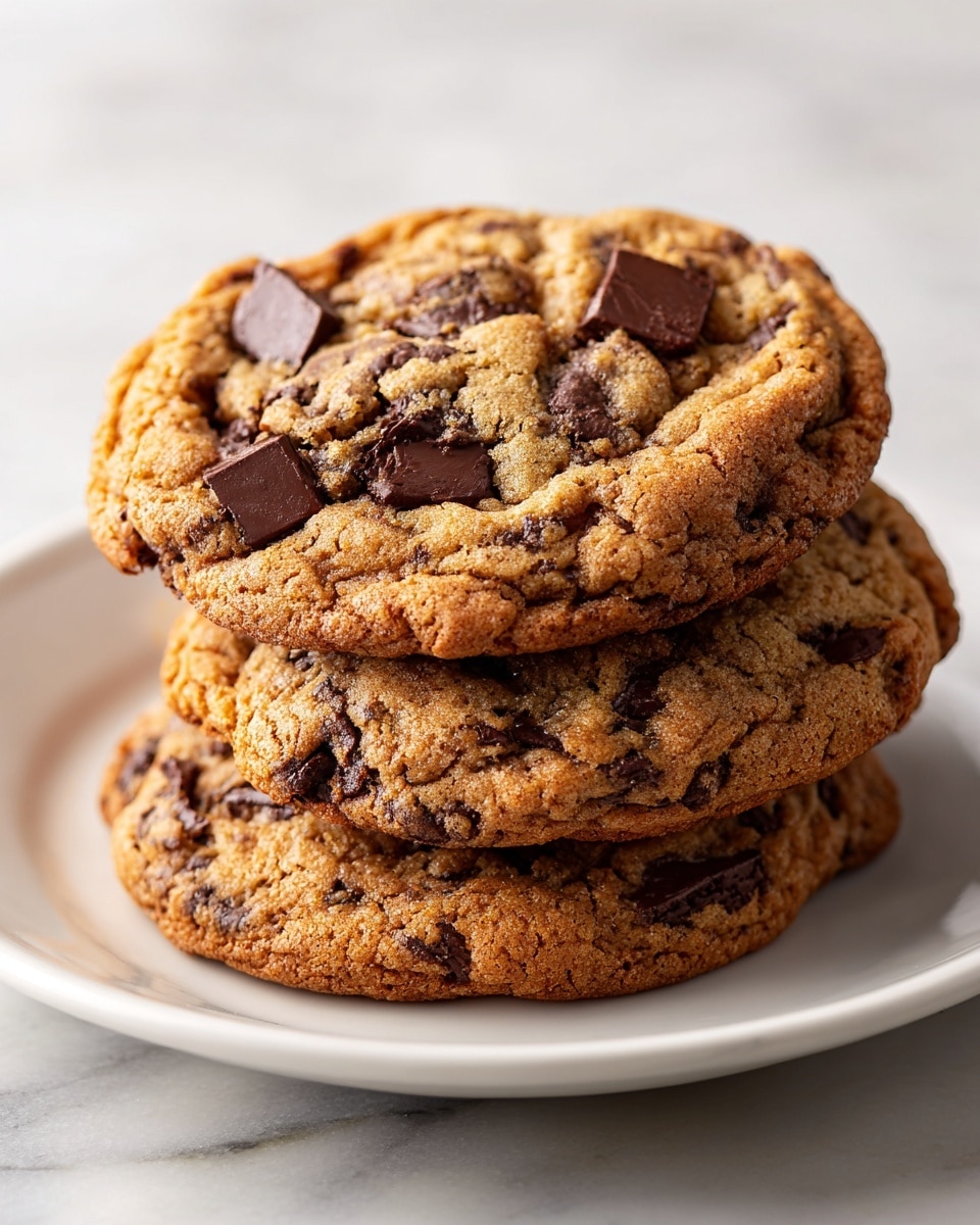 The image shows a close-up of three chocolate chip cookies stacked slightly unevenly on a white plate. The cookies have a golden-brown color with soft, slightly rough texture, visibly dotted with melted dark brown chocolate chips scattered throughout the dough. The edges of the cookies are crisp and slightly darker, while the centers look soft and chewy. The background is a white marbled surface, creating a clean and bright setting. photo taken with an iphone --ar 4:5 --v 7
