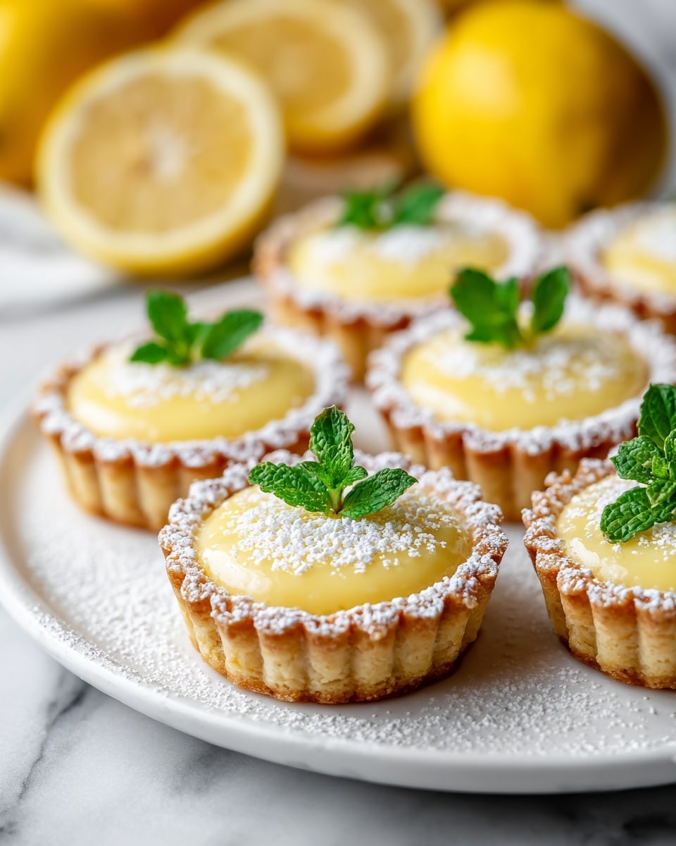 This image shows several small lemon tartlets arranged on a white plate with a textured edge. Each tartlet has three layers: a thin, golden-brown crust on the bottom with a crumbly texture; a thick, smooth, and bright yellow lemon filling in the middle; and a slightly crispy top crust with wavy edges, dusted with a light layer of powdered sugar. Some tartlets are stacked, showing the layers clearly, while others are laying flat, revealing the powdered sugar on their tops. In the background, there are whole and cut lemons, and a few green mint leaves add a fresh touch to the scene. The plate sits on a white marbled surface. photo taken with an iphone --ar 4:5 --v 7