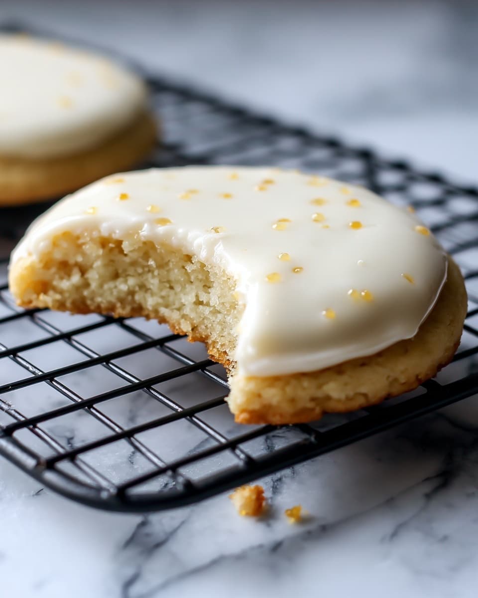 A close-up image of a single round cookie with a thick layer of white icing on top, showing tiny orange specks scattered within the icing. The cookie has a soft yellow color with a bite taken out of its side, revealing a crumbly texture inside. It rests on a black metal cooling rack placed over a white marbled surface, with some small crumbs and a bit of spilled icing around it. Photo taken with an iphone --ar 4:5 --v 7