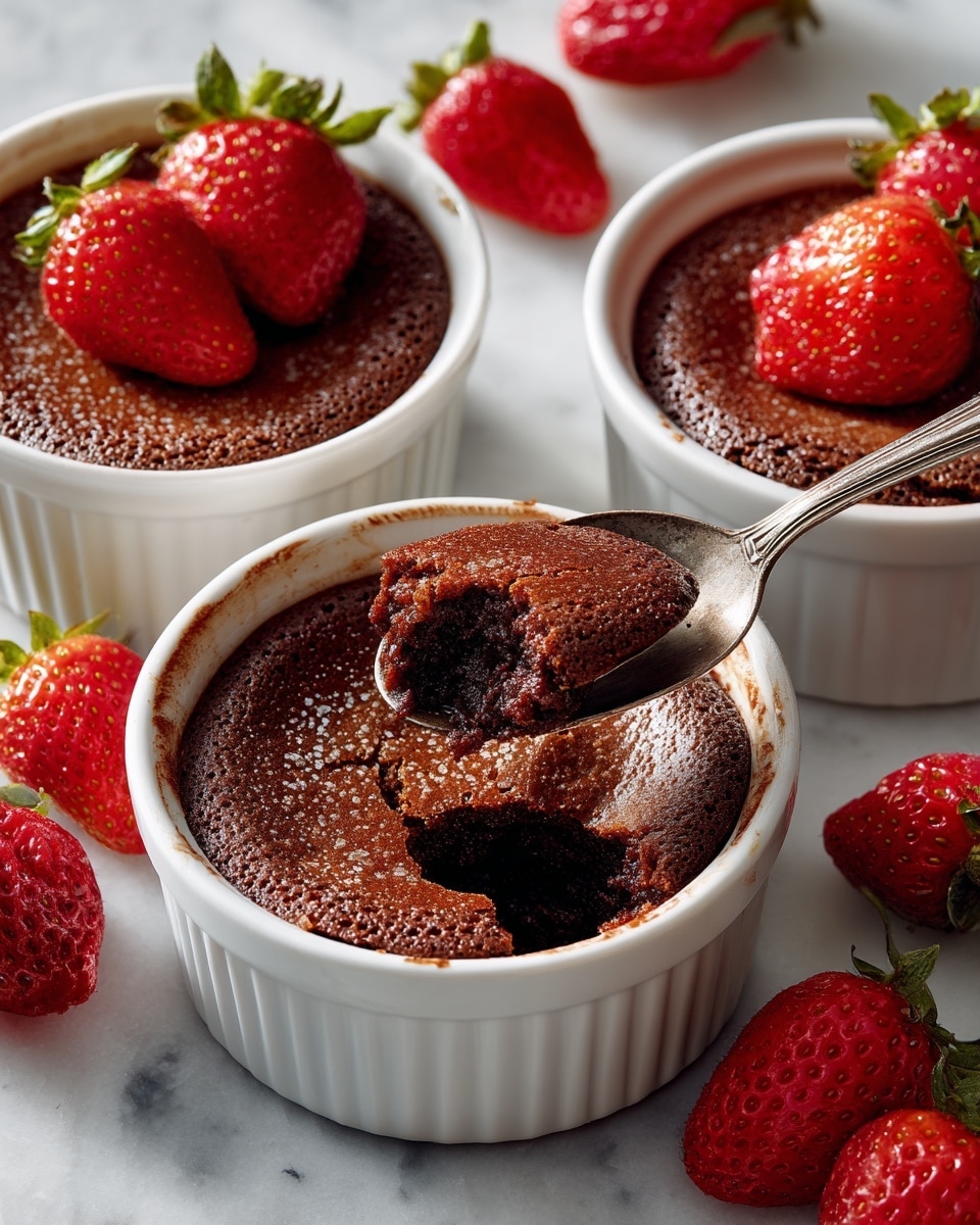 The image shows three white ramekins filled with a rich chocolate dessert that has a cracked, shiny, golden-brown top layer. The front ramekin is partially scooped out, revealing a moist, dark chocolate interior with a smooth yet slightly gooey texture underneath the crisp top. A vintage silver spoon with ornate details is dipping into the dessert, highlighting its soft inside. In the background, one ramekin is topped with a halved bright red strawberry, and several whole strawberries with green leaves are placed beside the ramekins on a white marbled surface. photo taken with an iphone --ar 4:5 --v 7