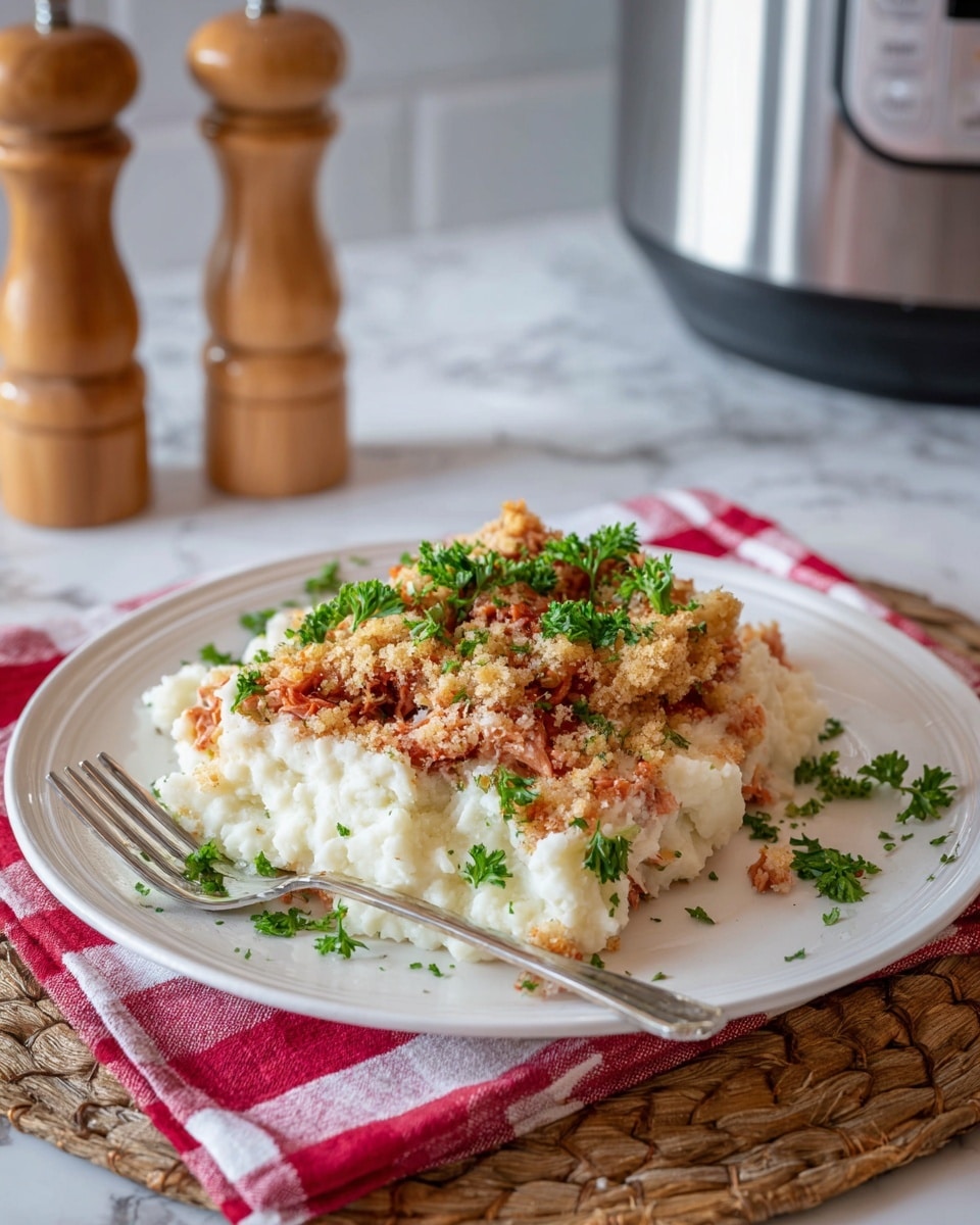 A white round plate filled with a base layer of creamy mashed potatoes that look smooth and fluffy, topped with a generous layer of shredded cooked meat blended with crispy golden brown stuffing mixed with fresh green parsley sprinkled on top, giving a pop of color. The plate sits on a red and white checkered cloth, resting on a light brown woven mat, with a silver fork placed on the left side of the plate. In the background, there is a silver slow cooker and wooden salt and pepper grinders, all set against a white marbled surface. Photo taken with an iphone --ar 4:5 --v 7