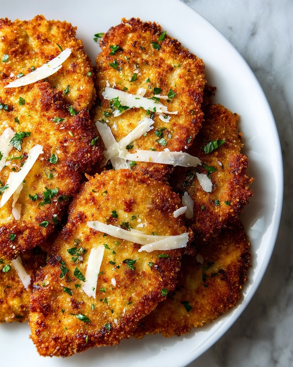 The image shows a close-up view of several pieces of breaded, fried chicken stacked together on a white plate. Each piece has a crispy, golden-brown crust with a slightly rough texture, sprinkled with grated white cheese and small green herbs scattered evenly across the top, adding a fresh contrast. The golden crust shows some darker browned spots, indicating a crunchy surface. The plate is set on a white marbled surface, adding brightness to the scene. Photo taken with an iphone --ar 4:5 --v 7