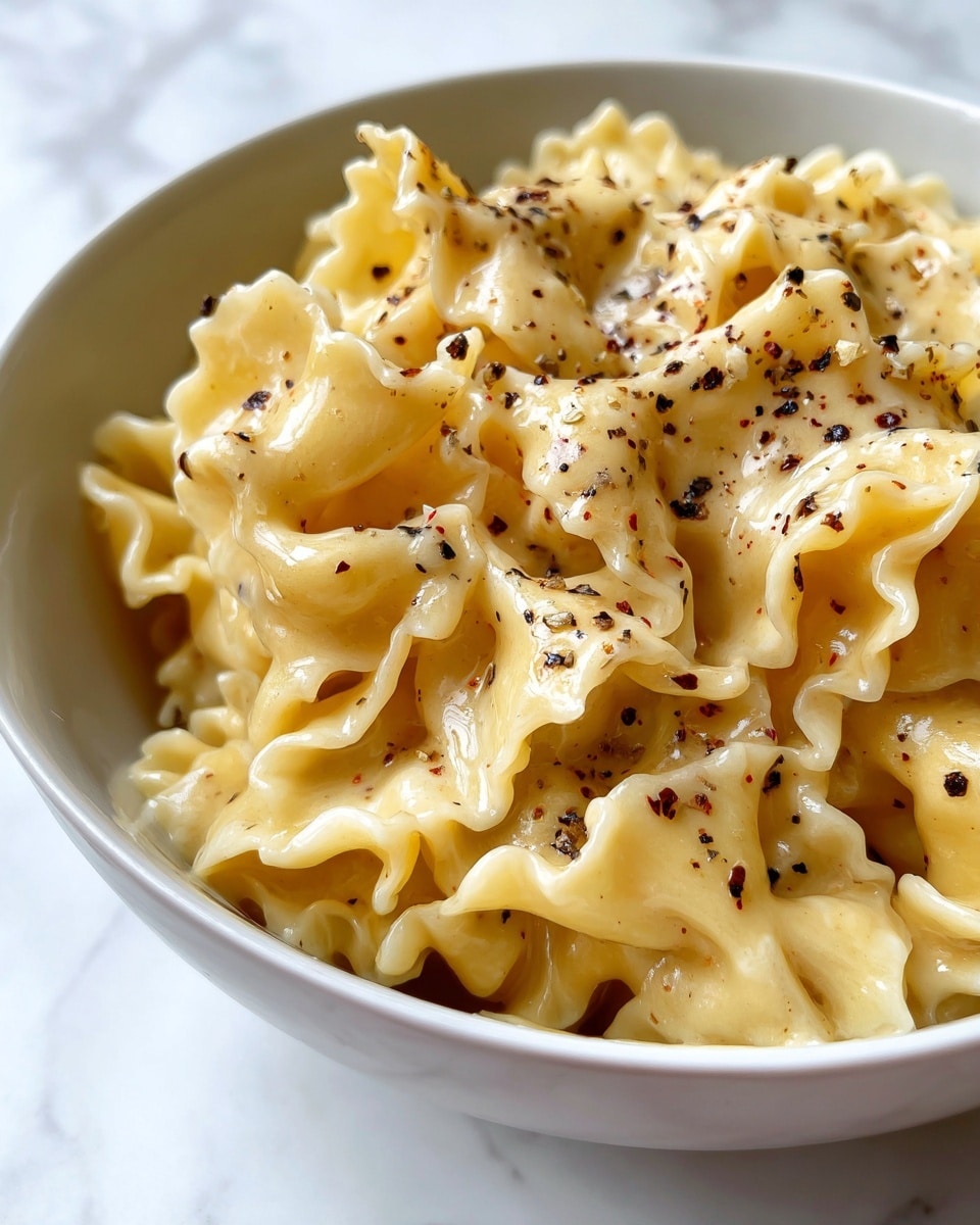 A close-up view of a bowl filled with wavy-edged pasta coated in a creamy, smooth cheese sauce, showing small specks of black pepper sprinkled evenly on top. The pasta has a light yellow color with a glossy texture from the thick sauce. The bowl is white, and the background is a white marbled texture, giving a clean and simple look. The image focuses on the details of the sauce and pasta curves. Photo taken with an iphone --ar 4:5 --v 7