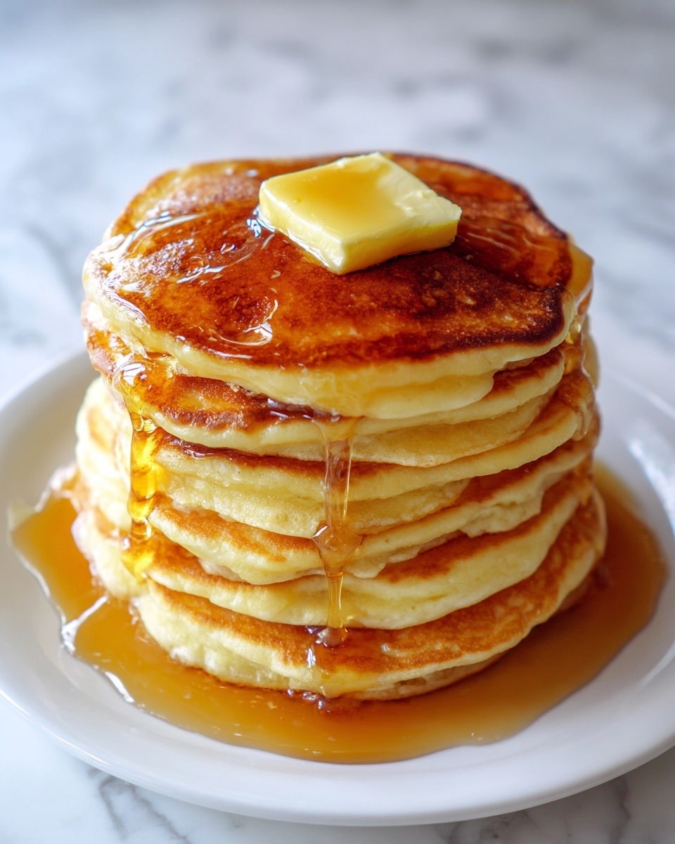 A tall stack of seven fluffy pancakes with a light golden color, each layer showing a soft, slightly porous texture. On top, a square piece of butter is melting, with rich amber syrup slowly dripping down the sides of the pancakes, pooling onto the white plate below. The syrup has a smooth, glossy appearance, highlighting the warm and inviting tones of the dish. The scene is set against a white marbled texture, adding brightness without distraction. photo taken with an iphone --ar 4:5 --v 7
