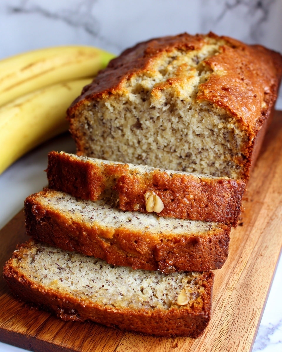 A loaf of banana bread is shown, with three slices cut off and laid flat in front. The bread has a golden brown crust with a slightly cracked top. Inside, the texture is moist and speckled with darker bits from the bananas and pieces of nuts scattered throughout. The slices are thick and soft-looking, resting on a wooden surface with part of a peeled banana nearby. A white marbled texture serves as the background. Photo taken with an iphone --ar 4:5 --v 7