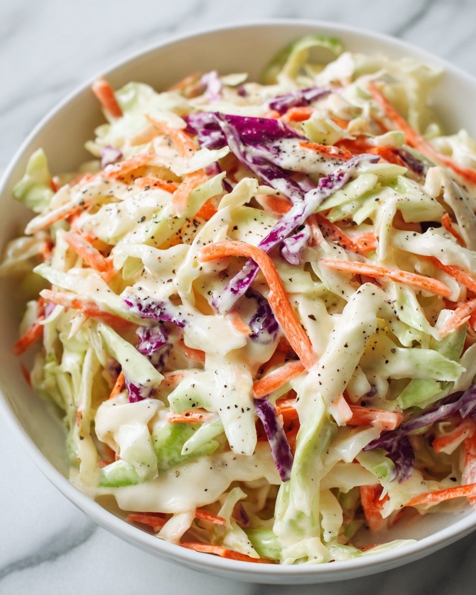 A close-up view of a white bowl filled with coleslaw made of finely shredded layers including pale green cabbage, thin strips of purple cabbage, and pale orange carrot pieces, all coated in a creamy white dressing that looks smooth and slightly thick. The coleslaw is speckled with small black pepper bits scattered across the top. The bowl sits on a white marbled surface, giving a clean and fresh look to the image. photo taken with an iphone --ar 4:5 --v 7