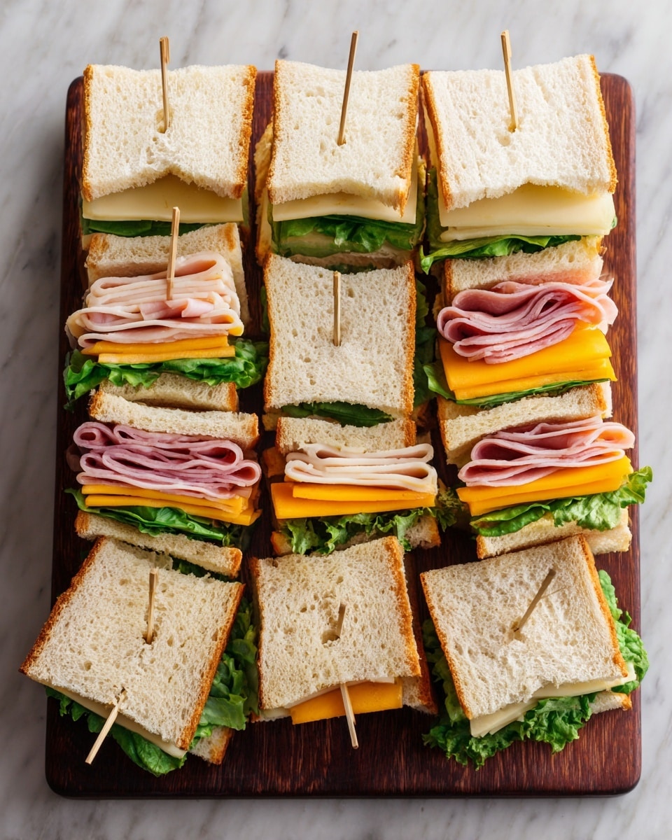 The image shows several small square sandwiches, each with four layers: the bottom and top are white bread with a lightly toasted crust, the second layer is green leafy lettuce, the third layer is yellow cheese, and the fourth layer is thin slices of pink ham. The sandwiches are arranged close together on a wooden board, and each sandwich has a small wooden toothpick stuck in the center from top to bottom. The background has a white marbled texture. photo taken with an iphone --ar 4:5 --v 7