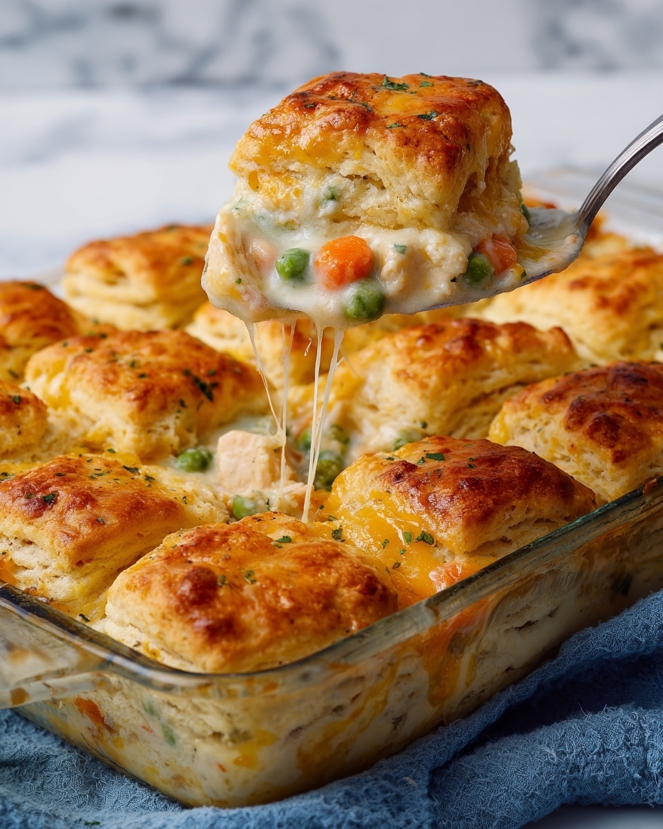 A close-up of a spoon lifting a serving of biscuit-topped casserole from a glass baking dish sitting on a white marbled surface, showing three golden-brown biscuit pieces on top, with a creamy layer beneath filled with green peas, small carrot chunks, corn, and melted cheese stretching as the spoon lifts. The biscuits are soft and flaky with a light crust, and the filling looks thick and rich, with visible vegetable pieces and melted cheese blending into the creamy sauce. photo taken with an iphone --ar 4:5 --v 7