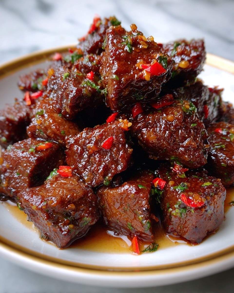 A close-up view of a dark bowl filled with several layers of sticky, glossy pieces of cooked meat. The meat is dark brown with shiny sauce coating it, and there are small bits of red chili peppers mixed throughout. The texture of the meat looks tender and slightly rough, stacked unevenly to create height in the bowl. The bowl sits on a white marbled surface, adding a clean and bright contrast to the rich colors of the dish. photo taken with an iphone --ar 4:5 --v 7
