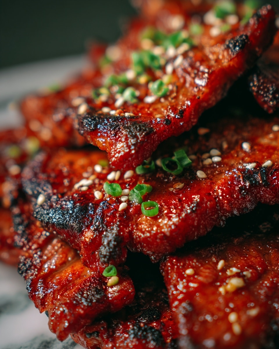 The image shows a close-up of several pieces of glazed barbecued meat with a shiny, reddish-brown surface. The meat has some crispy blackened edges and is sprinkled with white sesame seeds and small chopped green onions. The pieces are placed closely together on a white surface that mimics a white marbled texture. The glossy glaze and texture of the meat show a mix of caramelized and tender areas, making it look juicy and rich. Photo taken with an iphone --ar 4:5 --v 7