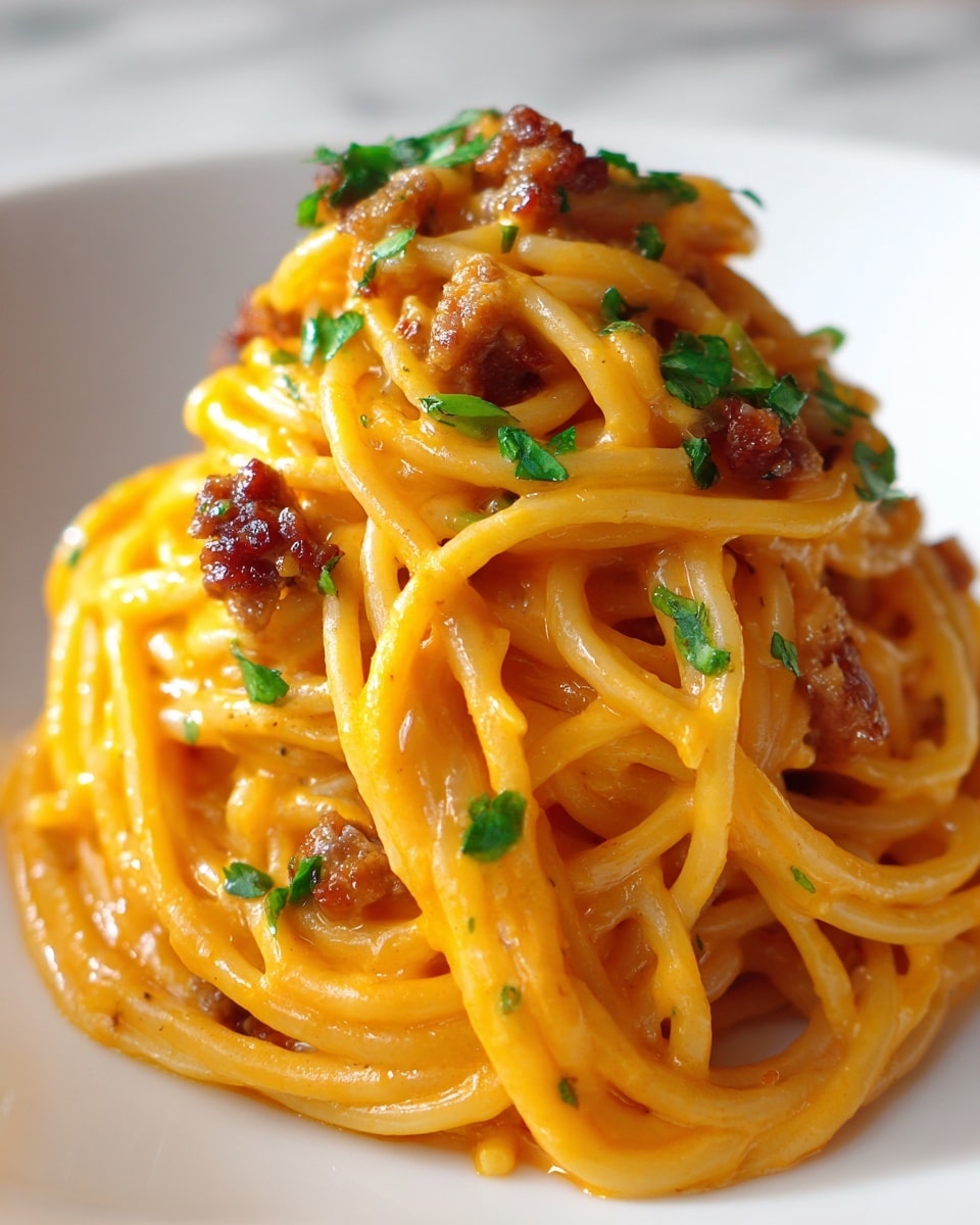 A close-up view of a creamy spaghetti dish, each strand coated evenly with a light orange sauce that has small bits of herbs and spices. The top layer has a sprinkle of finely chopped green herbs and a few golden-brown crispy crumbs. The pasta lies on a simple white plate, and the photo background shows a white marbled texture. The image captures the steam and freshness of the hot dish, with soft lighting highlighting the glossy texture of the sauce and the tender pasta strands. photo taken with an iphone --ar 4:5 --v 7