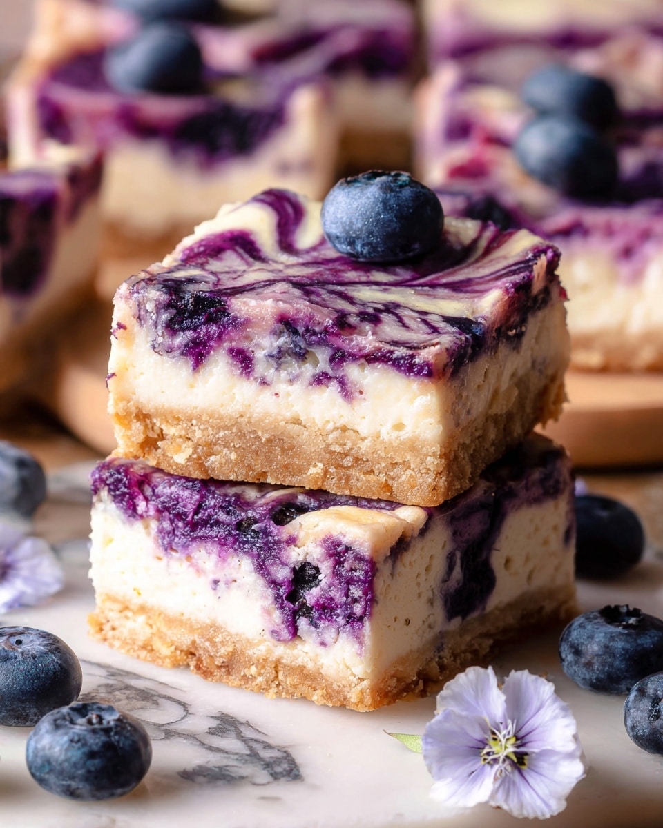 The image shows two square pieces of a dessert stacked on top of each other; each piece has two thick layers with a pale yellow bottom layer that looks dense and soft, and a swirled purple and white top layer that has a marbled texture with rich blueberry-colored swirls mixed with creamy white. The dessert squares sit on a light brown paper with a few fresh blueberries scattered around and a single pale blue flower petal on the side, all resting on a white marbled surface. Photo taken with an iphone --ar 4:5 --v 7