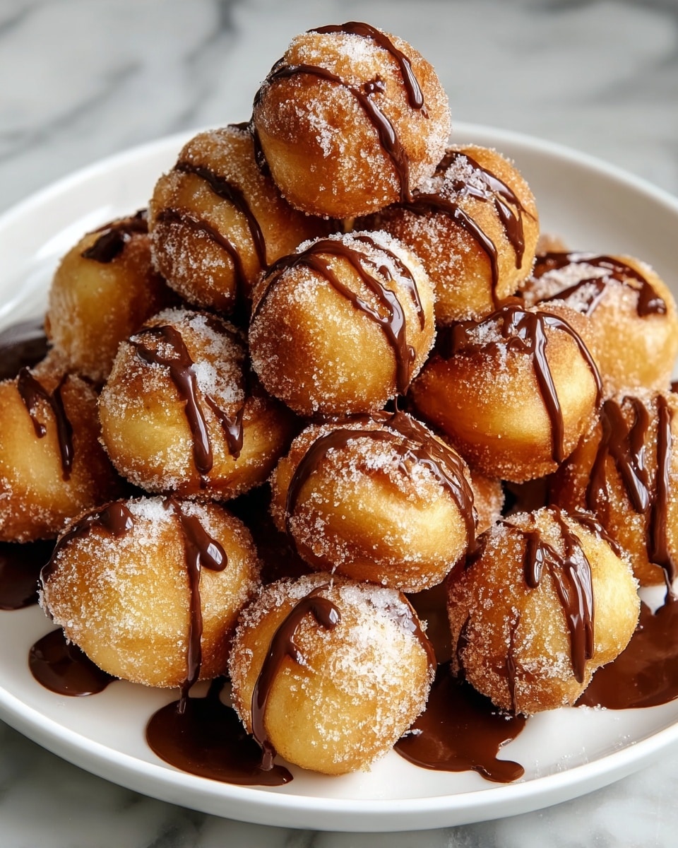 A white plate is filled with about fifteen small, round golden-brown fried dough balls stacked in a mound. Each ball is coated lightly with powdered sugar and drizzled generously with dark, shiny chocolate syrup, which pools slightly on the white plate around the base. The texture of the dough looks crisp on the outside with a soft, airy feel. The plate sits on a white marbled surface, enhancing the warm tones of the dough balls and rich chocolate topping. photo taken with an iphone --ar 4:5 --v 7