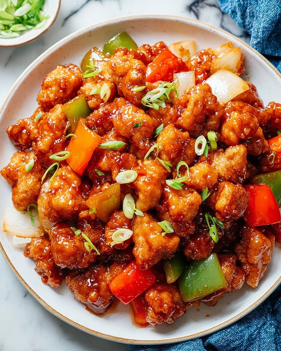 The dish is served in a white bowl filled with multiple pieces of golden brown, crispy fried chicken chunks coated in a glossy, thick reddish-brown sauce. Mixed among the chicken pieces are bright red bell pepper chunks, green bell pepper slices, and light golden caramelized onion chunks. The dish is garnished with small green slices of scallion sprinkled evenly on top. The bowl is placed on a white marbled texture surface with a blue cloth partially visible on the side. photo taken with an iphone --ar 4:5 --v 7