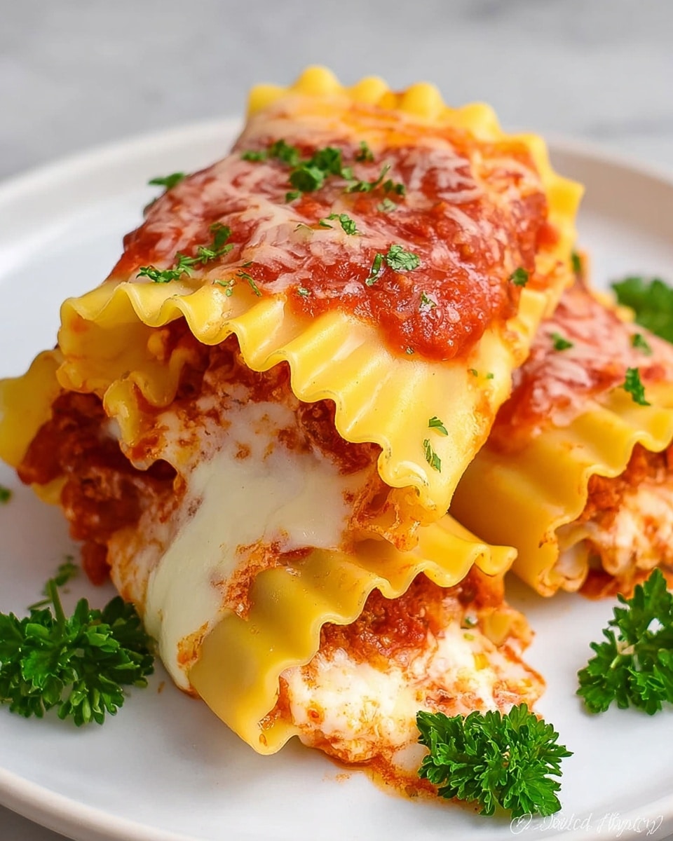 The image shows a close-up of three rolled lasagna pieces stacked on a white plate with a white marbled surface underneath. Each lasagna roll has three visible layers of soft, yellow pasta sheets with waved edges, filled with bright red tomato sauce and white melted cheese layered inside. The rolls are topped with small green parsley leaves scattered on top and around, adding color contrast. The texture of the pasta is smooth, and the cheese looks creamy and slightly melted, with some tomato sauce peeking through the edges. Photo taken with an iphone --ar 4:5 --v 7