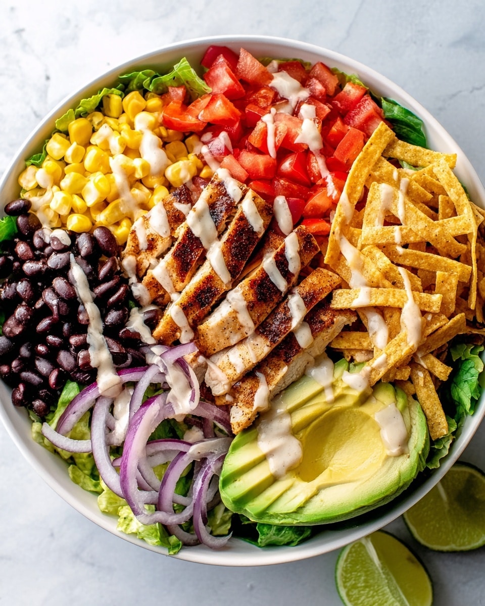 A wide white bowl sits on a white marbled surface, filled with colorful layers. The bottom layer is fresh green lettuce. On top, there is grilled chicken breast with dark grill marks, surrounded by diced red tomatoes on the left upper side and thick slices of green avocado with creamy texture drizzled with light pink dressing above it. To the right, thin crunchy yellow tortilla strips are piled next to thin purple onion rings. Bright red bell pepper slices are on the bottom right, followed by black beans and yellow corn kernels on the left bottom. A small lime wedge is placed near the tomatoes. The entire bowl is lightly drizzled with a creamy pink dressing. photo taken with an iphone --ar 4:5 --v 7
