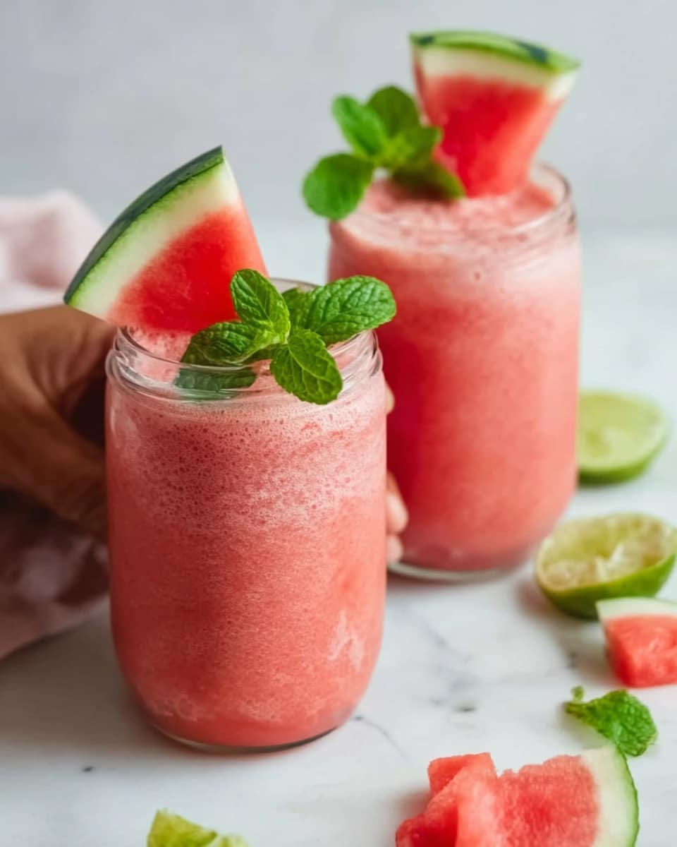 The image shows two clear glass jars filled with a pink watermelon smoothie. Each jar has a thick layer of frothy pink liquid, topped with a large triangular slice of watermelon stuck into the drink. Fresh green mint leaves are placed beside the watermelon slice on each jar, adding a touch of bright color. The jars sit on a white marbled surface with a lime wedge and a few watermelon pieces nearby, creating a fresh and inviting look. Photo taken with an iphone --ar 4:5 --v 7