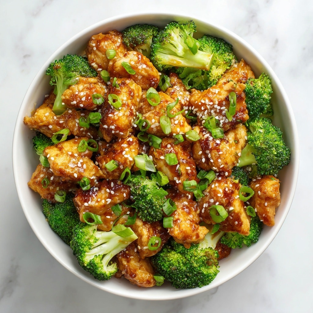 The image shows a bowl of teriyaki chicken with broccoli. The bowl is white and filled with three main layers: a base layer of fluffy white rice, a middle layer of bright green broccoli pieces, and a top layer of glazed brown teriyaki chicken chunks sprinkled with white sesame seeds and small green chopped herbs. The chicken pieces are shiny with sauce, and the broccoli looks fresh and tender. The bowl sits on a white marbled surface. Photo taken with an iphone --ar 4:5 --v 7